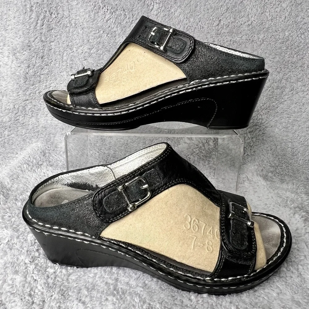 Alegria Lara Leather T Strap Sandals Womens Size 37 US 7 Black Adjustable